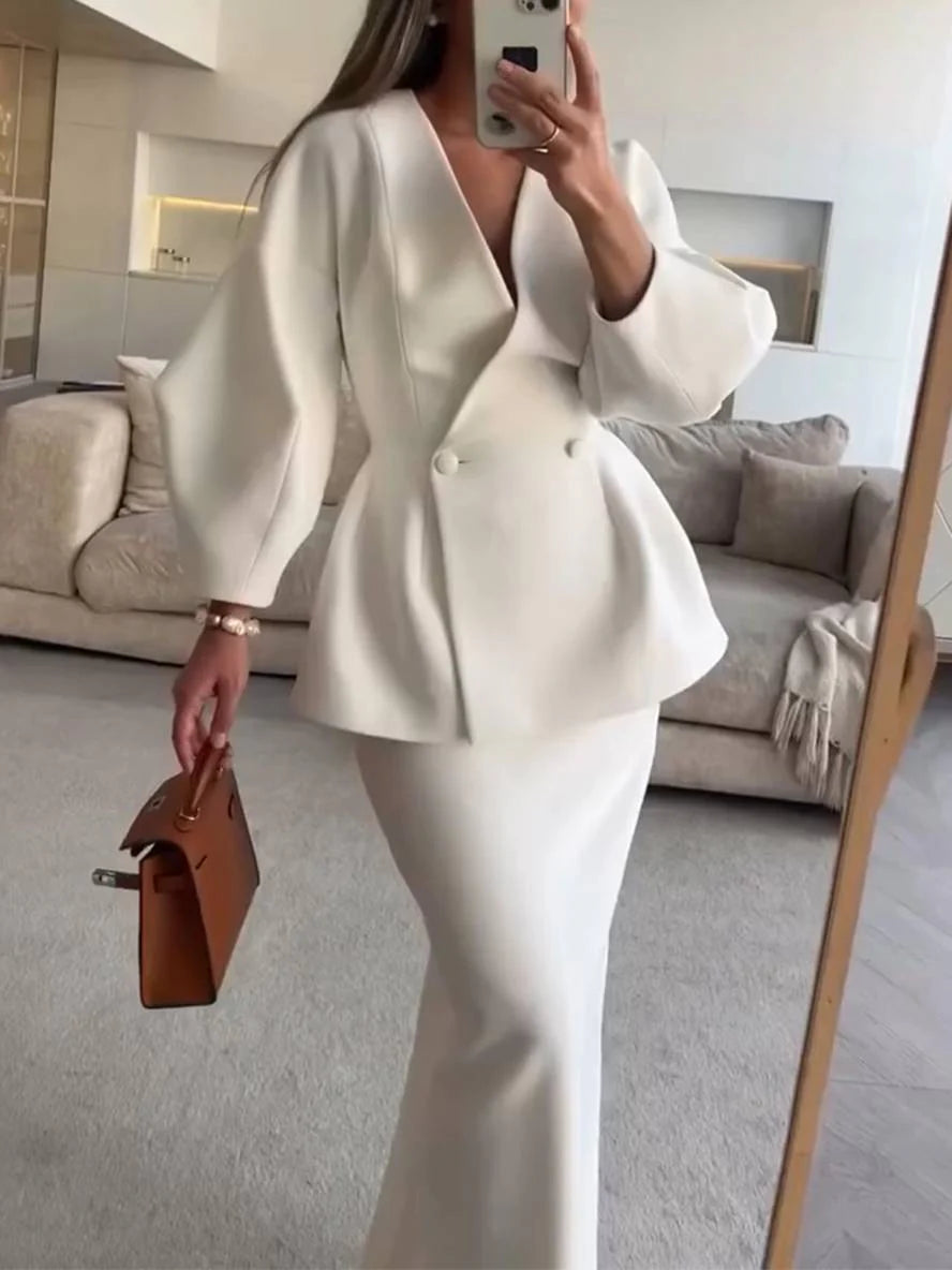 MEWE | Two-Piece Skirt Suit with Puff Sleeve Blazer and V-Neck Detail