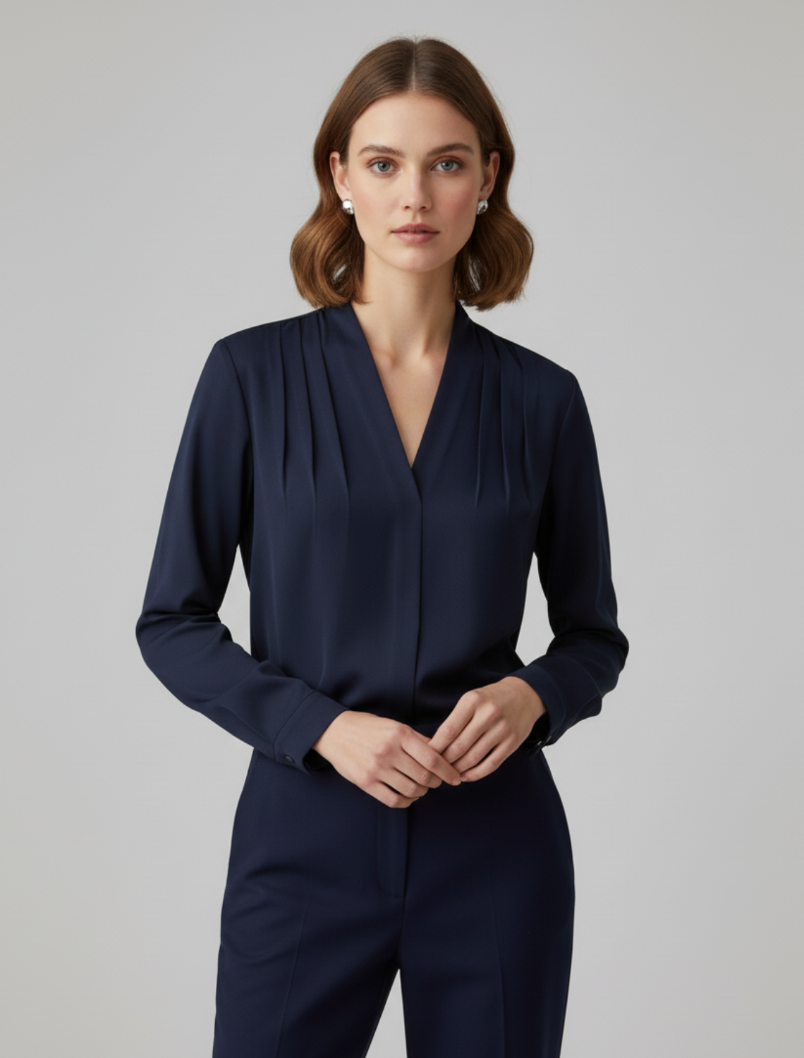 MEWE | V Neck Blouse with Long Sleeves and Pleated Detail Mewe London