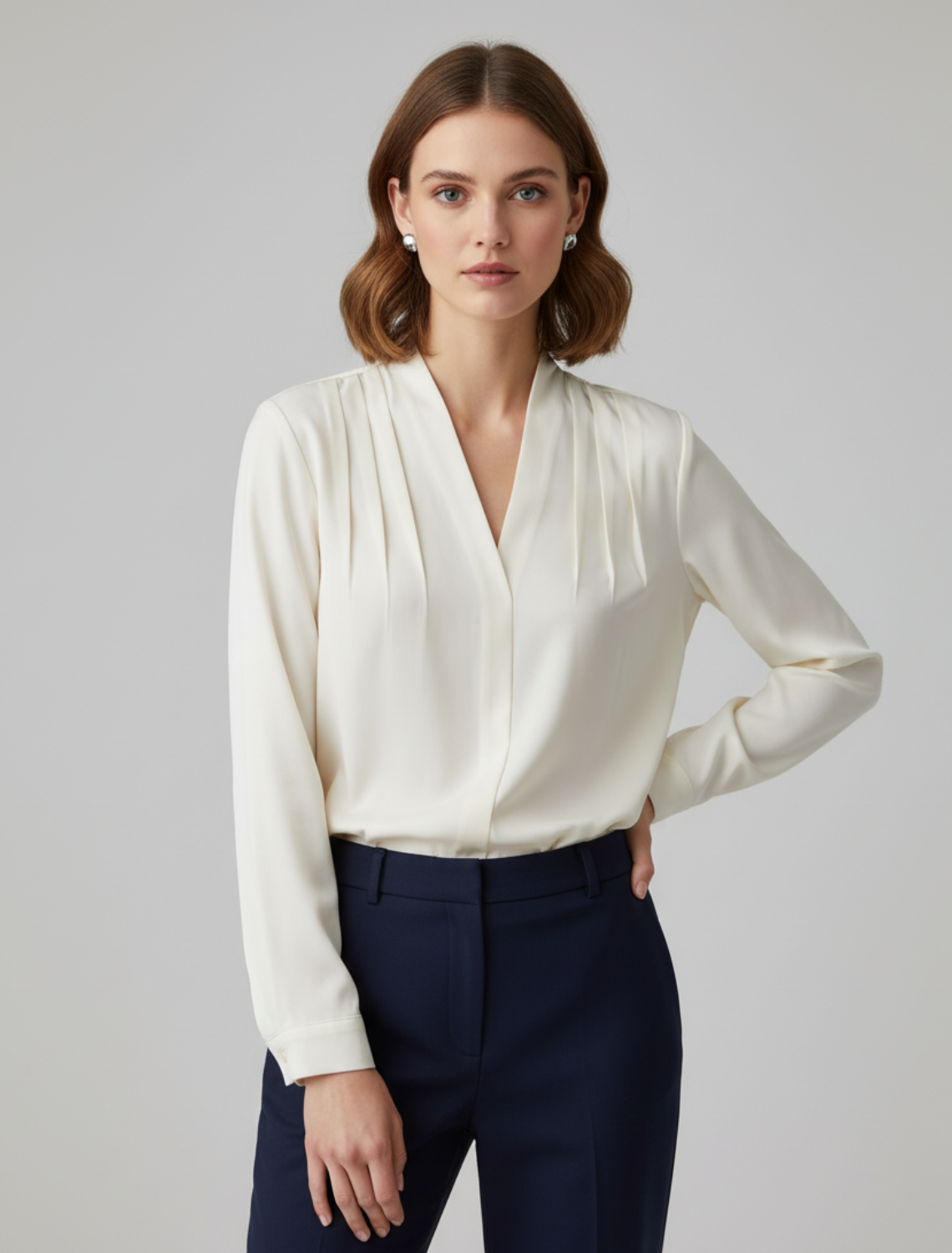 MEWE | V Neck Blouse with Long Sleeves and Pleated Detail Mewe London