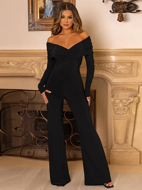 MEWE | V-Neck Crossover Jumpsuit with Long Sleeves and Flared Trousers Mewe London