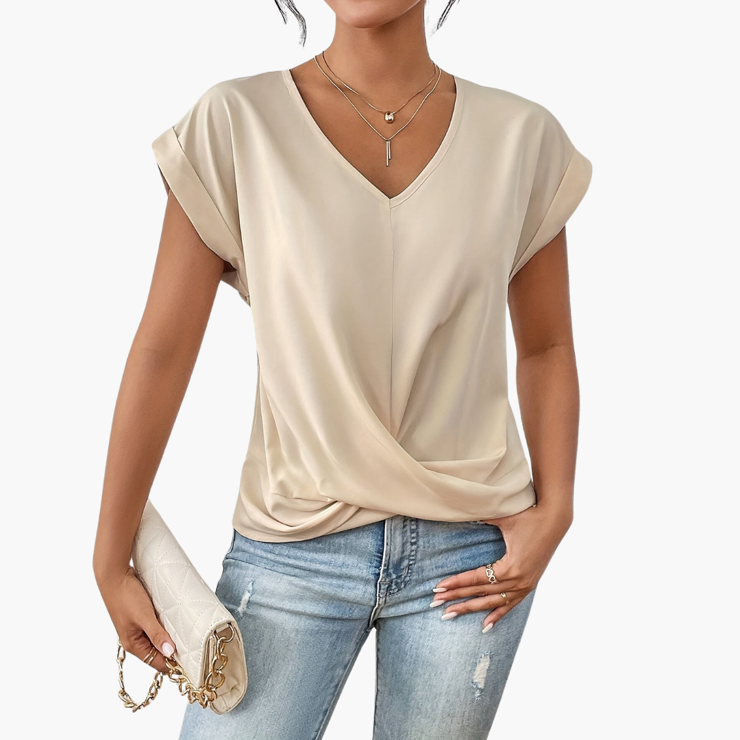 MEWE | V-Neck Drape Front Blouse with Short Sleeves Mewe London