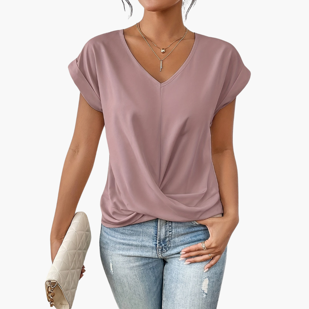 MEWE | V-Neck Drape Front Blouse with Short Sleeves Mewe London