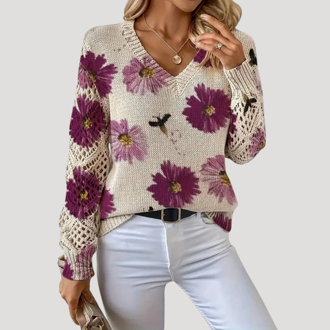 MEWE | V Neck Spring Jumper with Floral Knit and Openwork Sleeves Mewe London