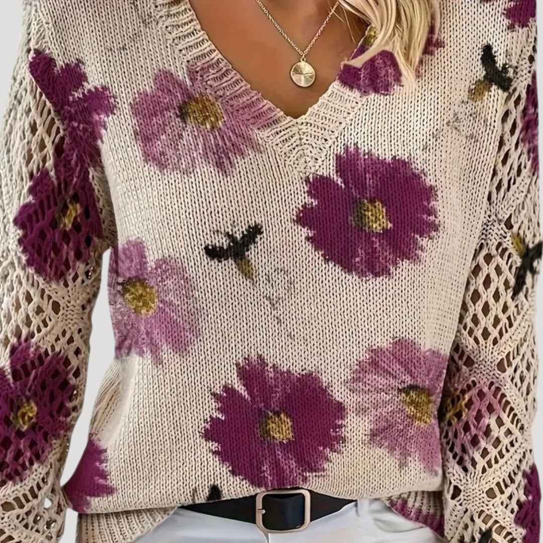 MEWE | V Neck Spring Jumper with Floral Knit and Openwork Sleeves Mewe London