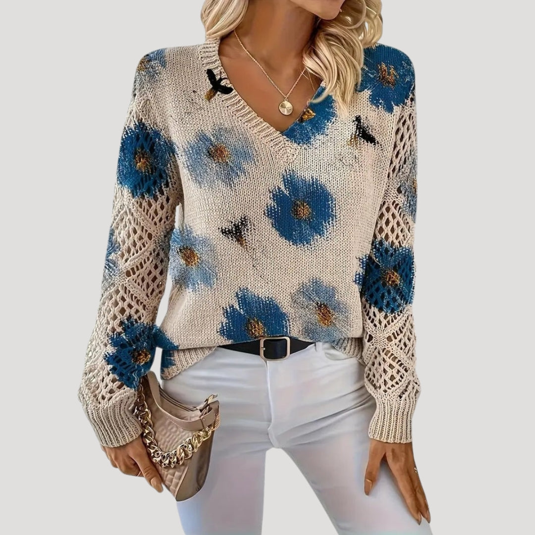 MEWE | V Neck Spring Jumper with Floral Knit and Openwork Sleeves Mewe London