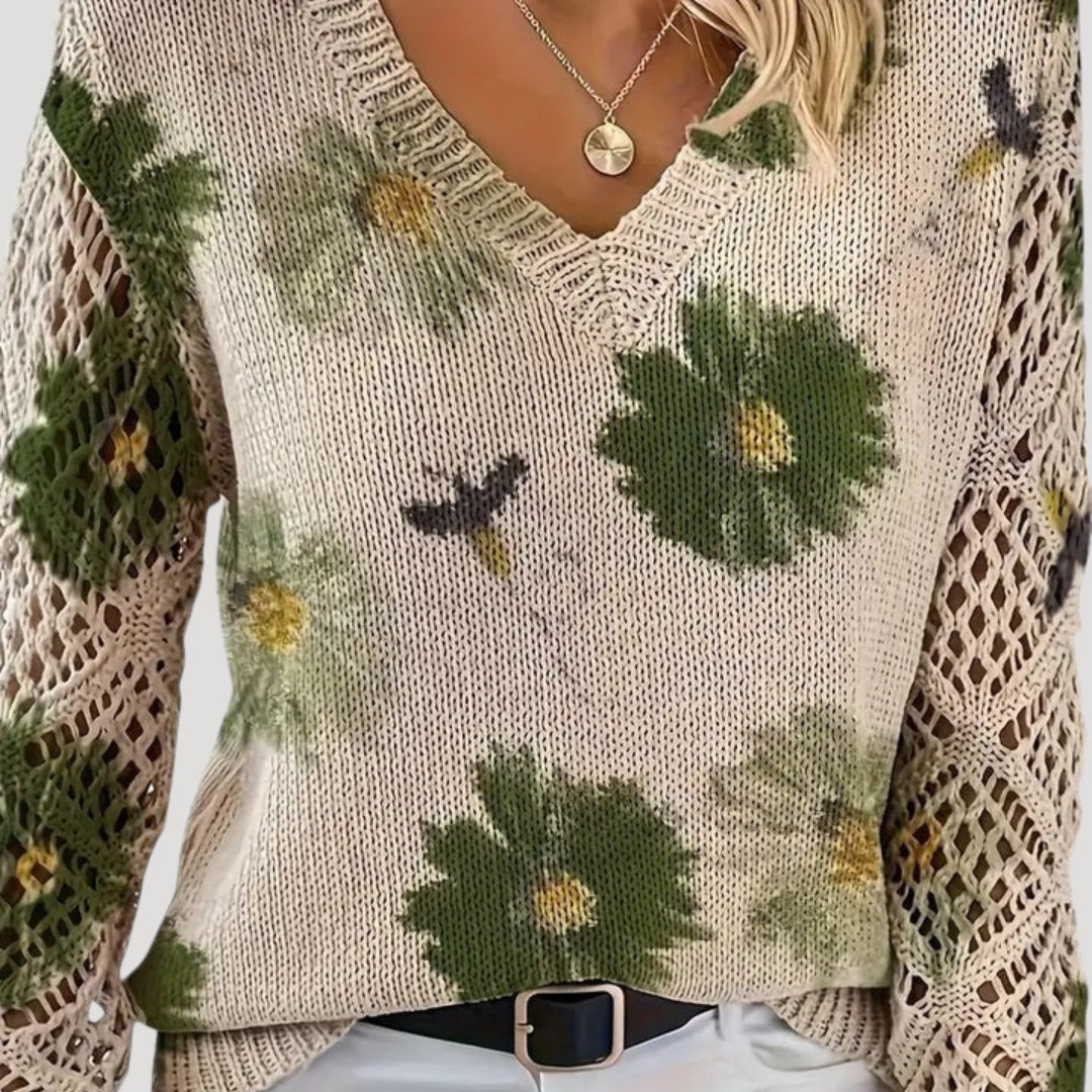 MEWE | V Neck Spring Jumper with Floral Knit and Openwork Sleeves Mewe London