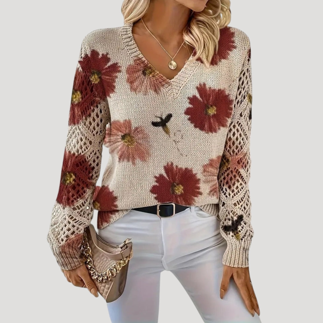 MEWE | V Neck Spring Jumper with Floral Knit and Openwork Sleeves Mewe London