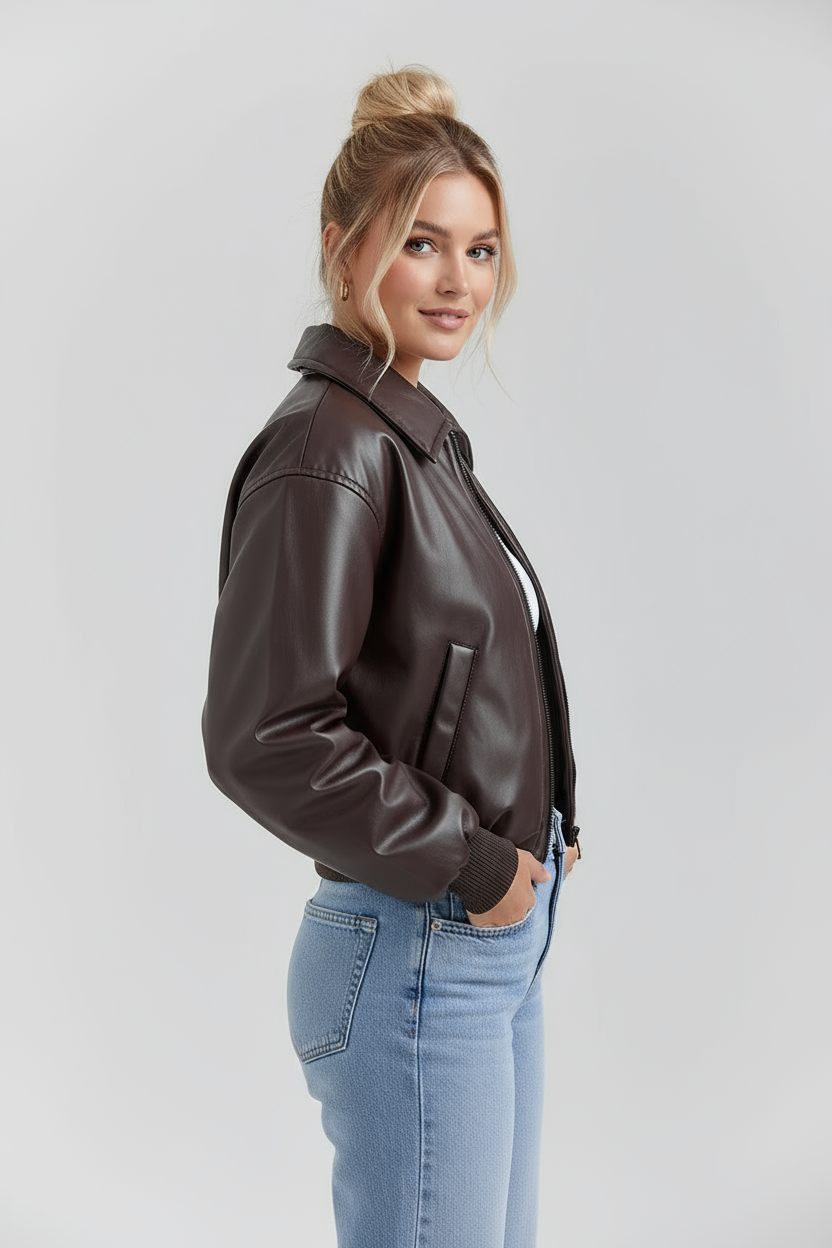 MEWE | Vegan Leather Bomber Jacket with Zip Front and Elastic Hem