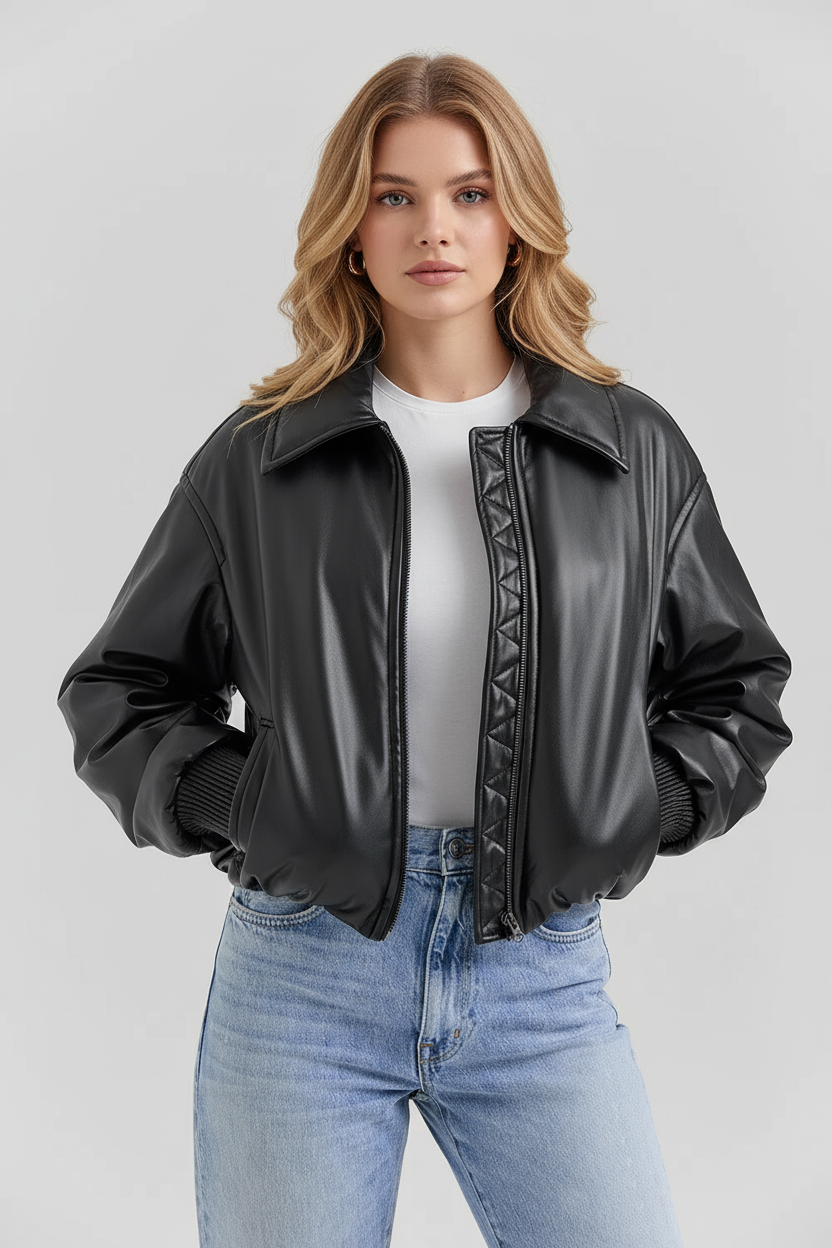 MEWE | Vegan Leather Bomber Jacket with Zip Front and Elastic Hem