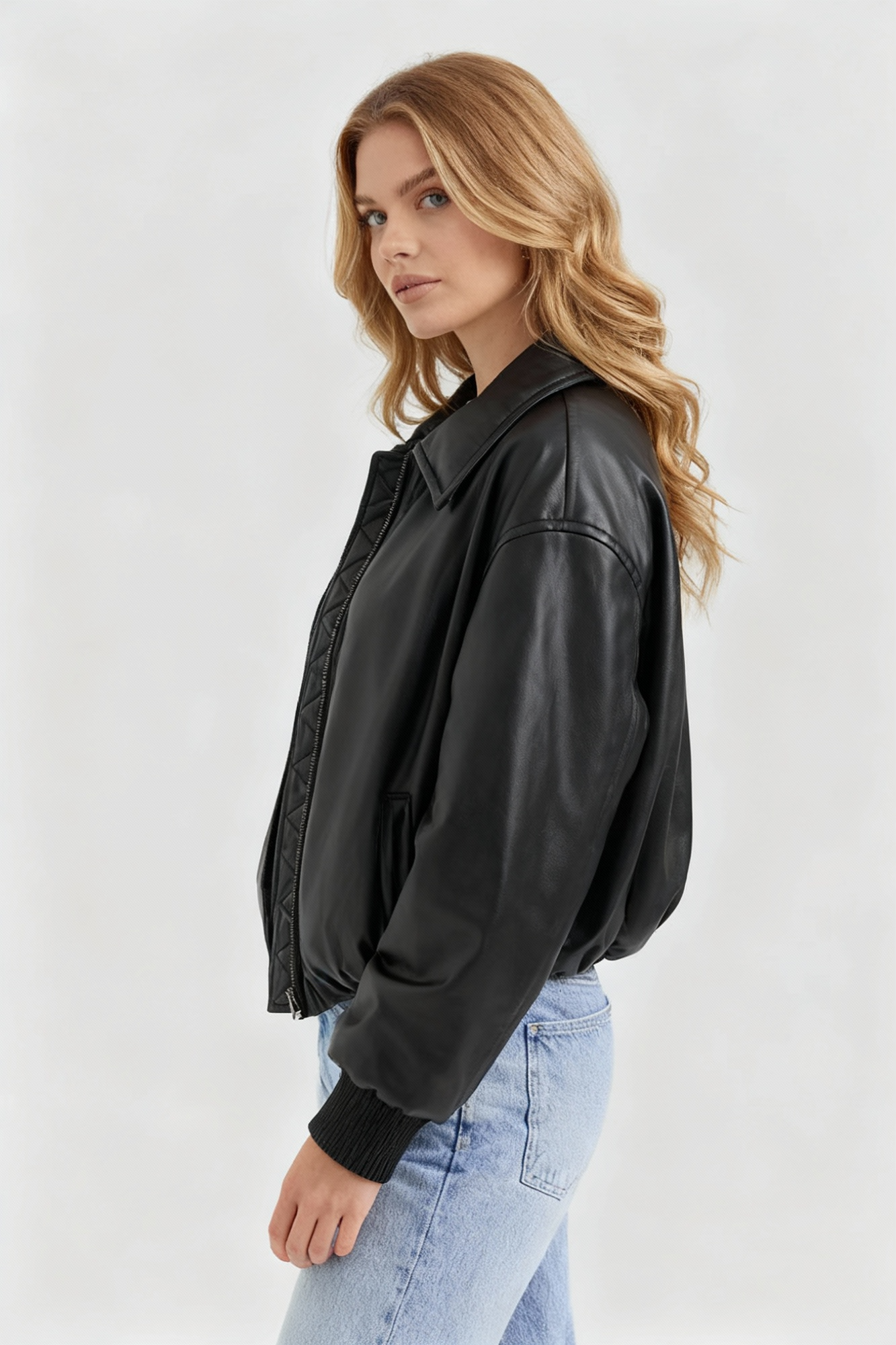 MEWE | Vegan Leather Bomber Jacket with Zip Front and Elastic Hem
