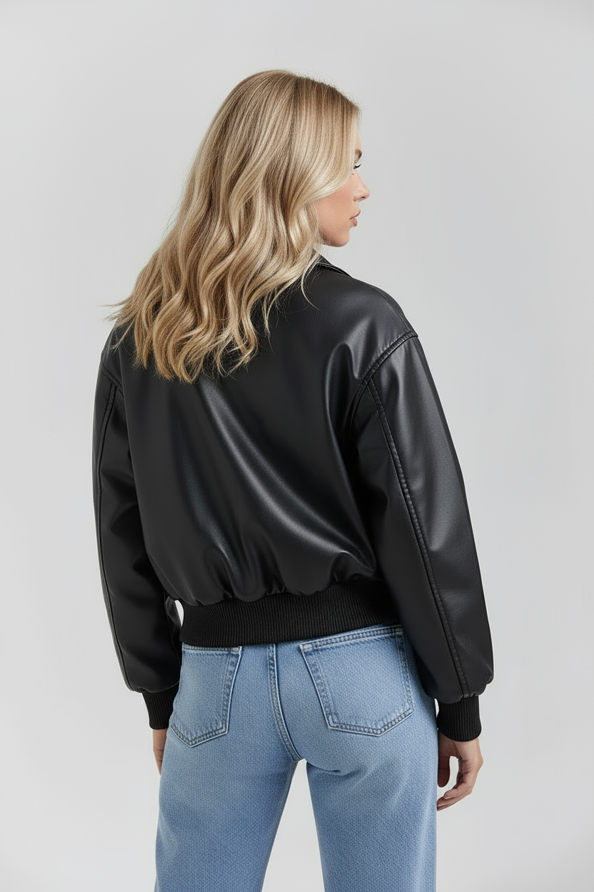 MEWE | Vegan Leather Bomber Jacket with Zip Front and Elastic Hem