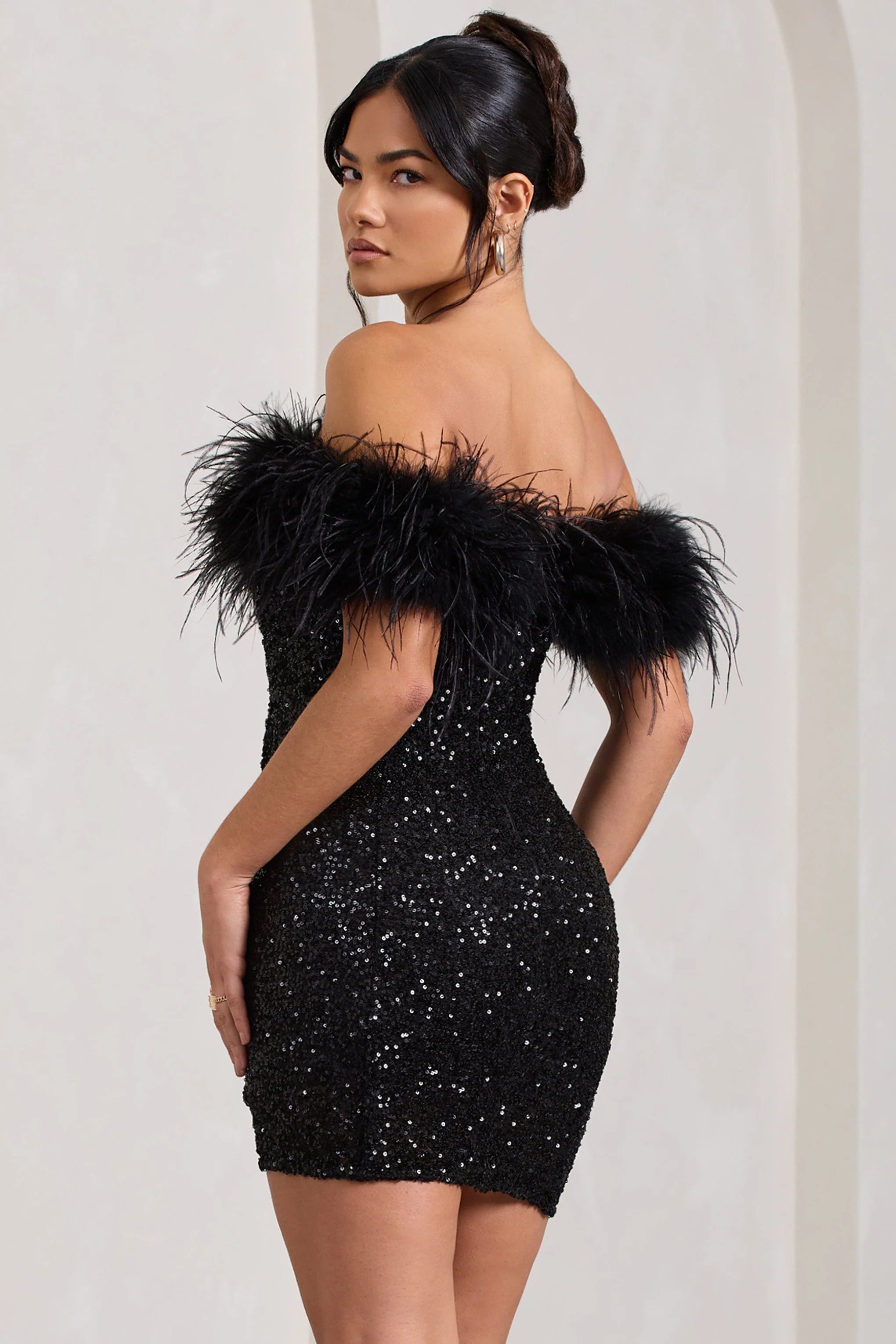 Off-Shoulder Sequin Mini Dress with Feather Trim Detail