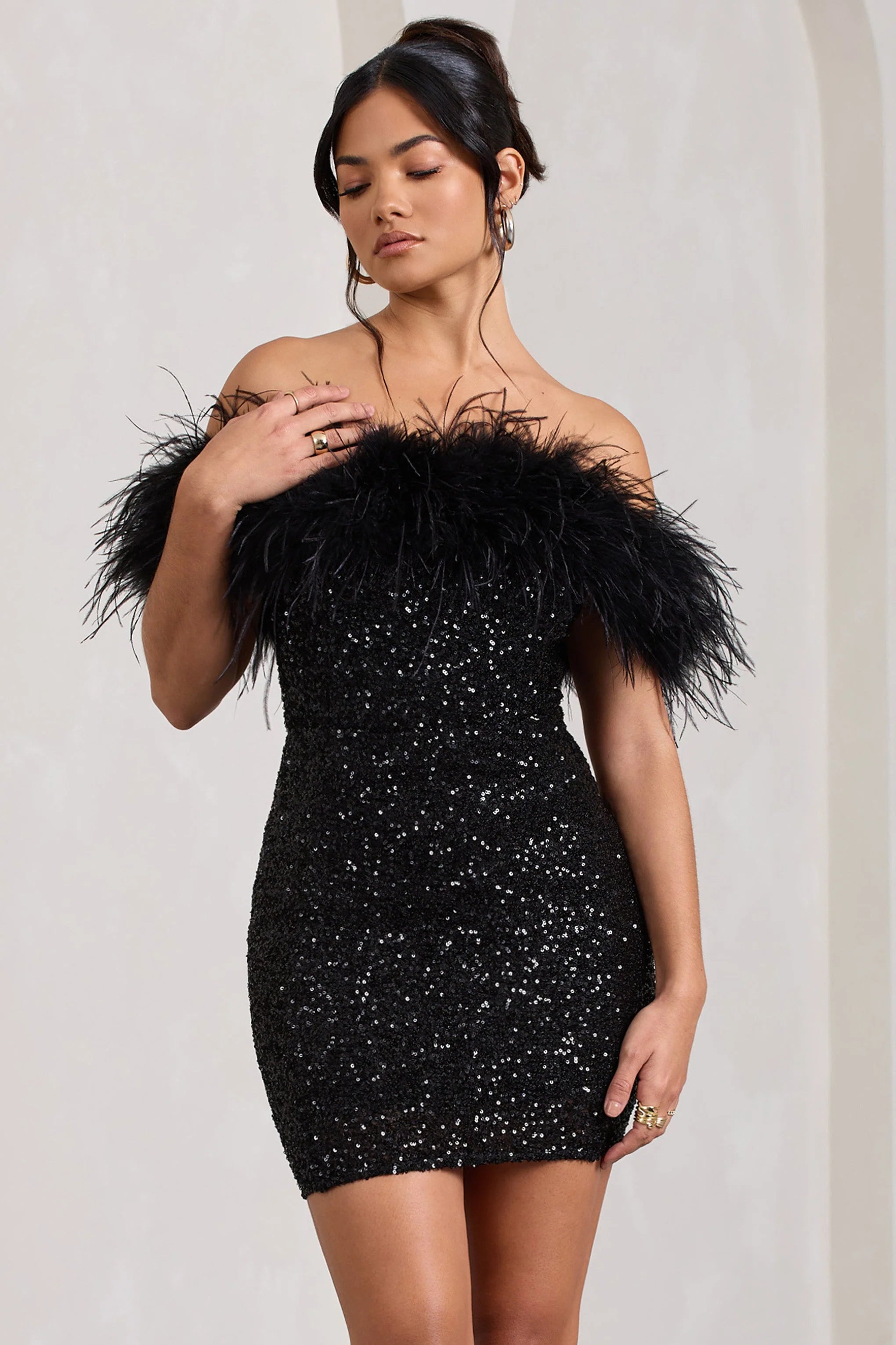 Off-Shoulder Sequin Mini Dress with Feather Trim Detail