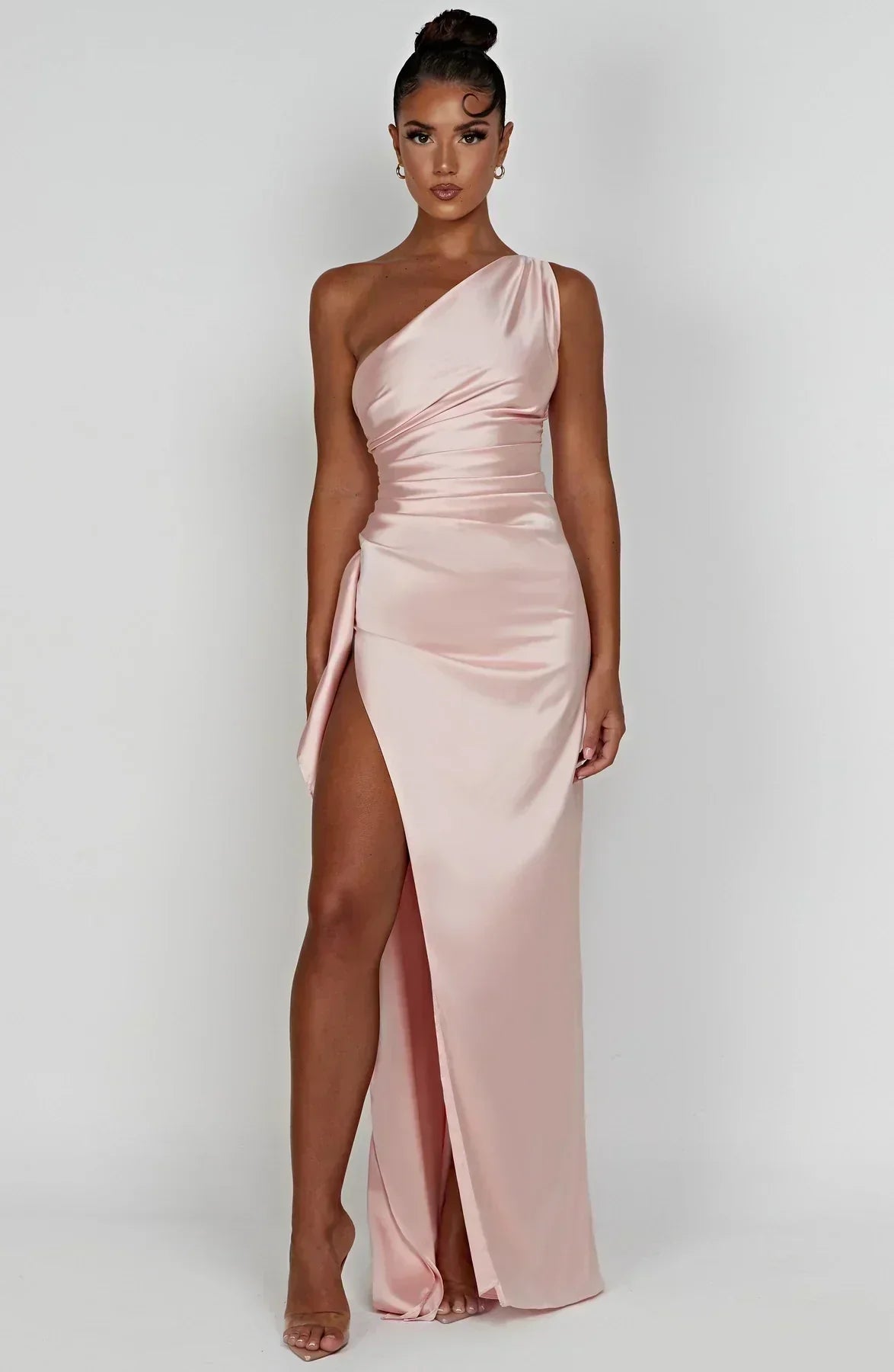 One-Shoulder Satin Maxi Dress with Ruched Waist and High Slit