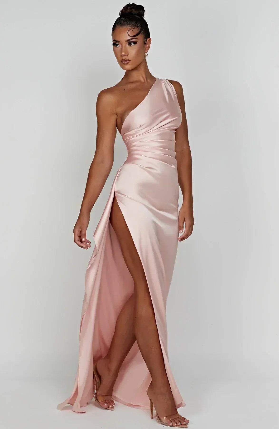 One-Shoulder Satin Maxi Dress with Ruched Waist and High Slit