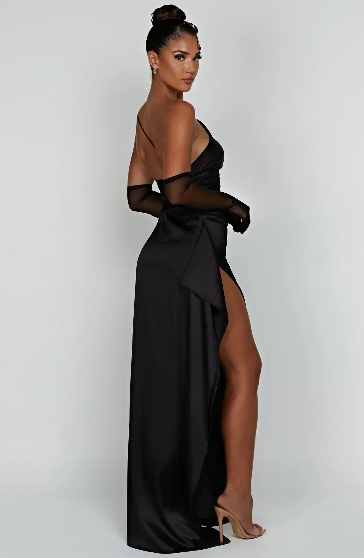 One-Shoulder Satin Maxi Dress with Ruched Waist and High Slit