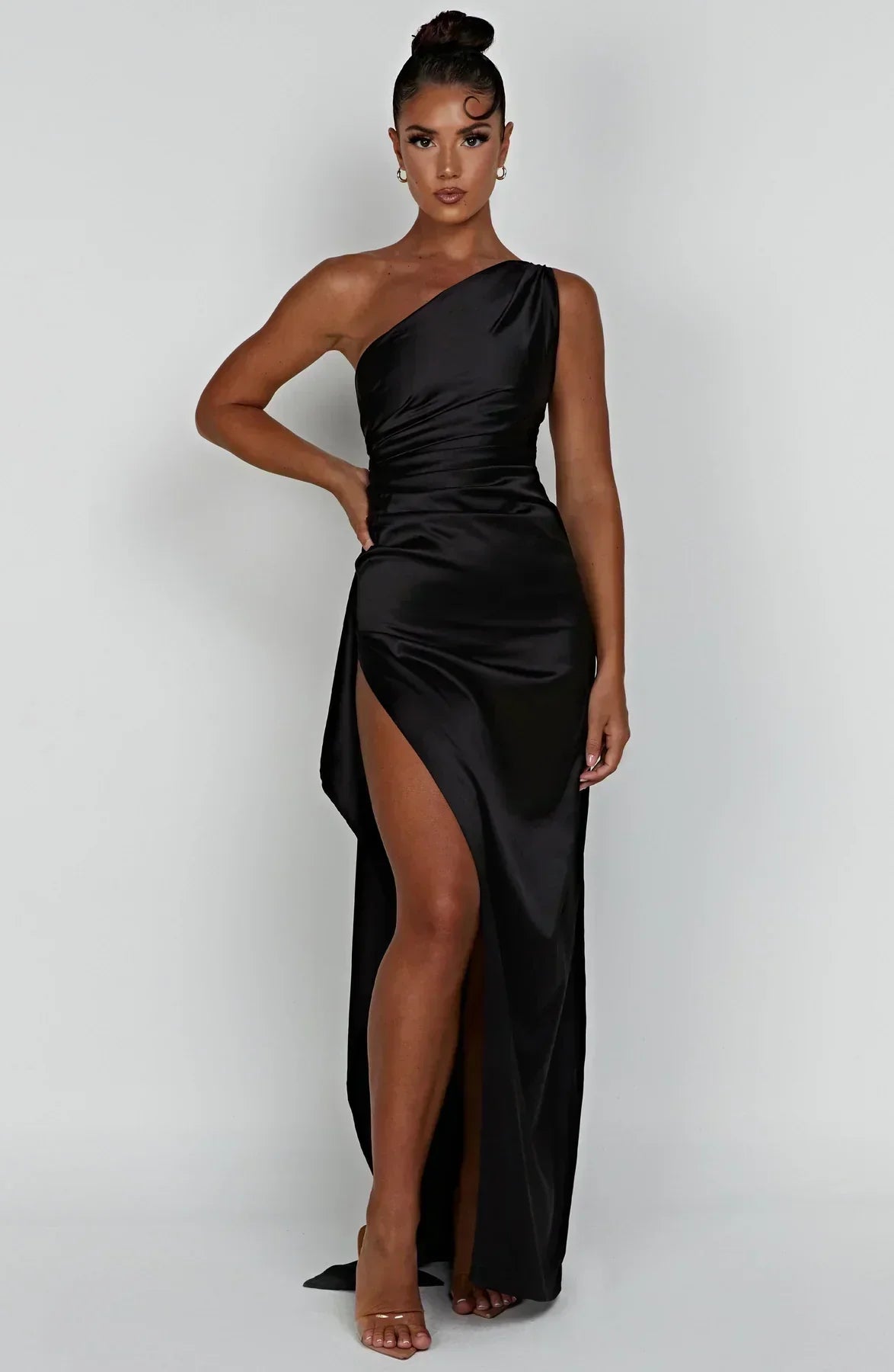One-Shoulder Satin Maxi Dress with Ruched Waist and High Slit