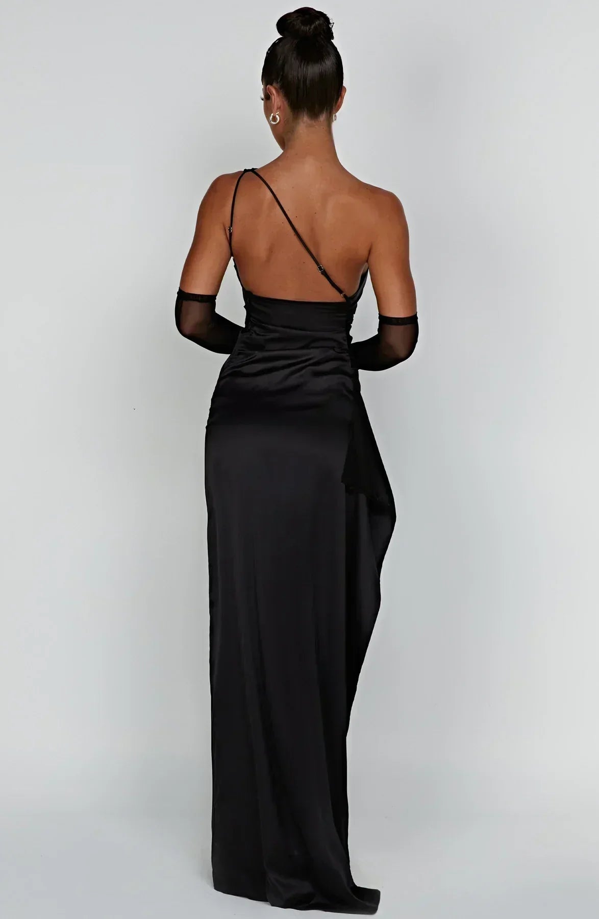 One-Shoulder Satin Maxi Dress with Ruched Waist and High Slit