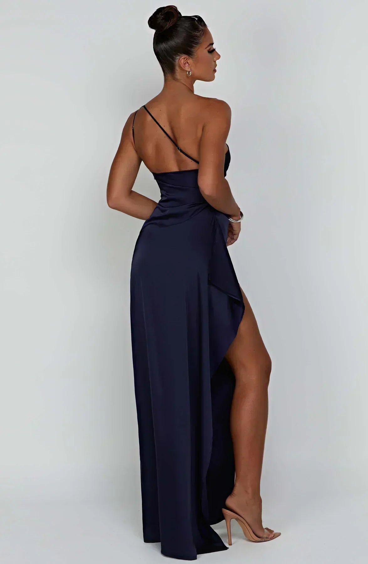 One-Shoulder Satin Maxi Dress with Ruched Waist and High Slit