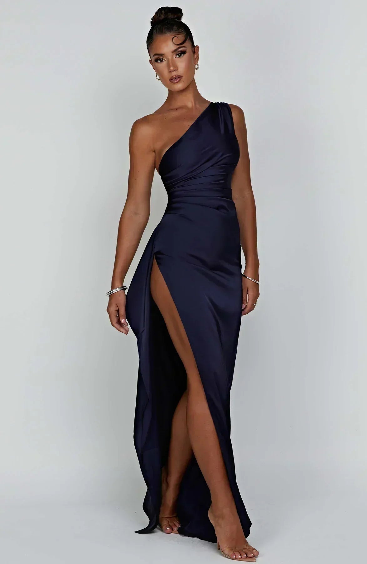 One-Shoulder Satin Maxi Dress with Ruched Waist and High Slit