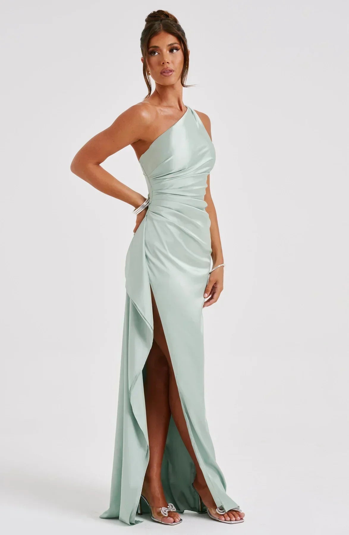 One-Shoulder Satin Maxi Dress with Ruched Waist and High Slit