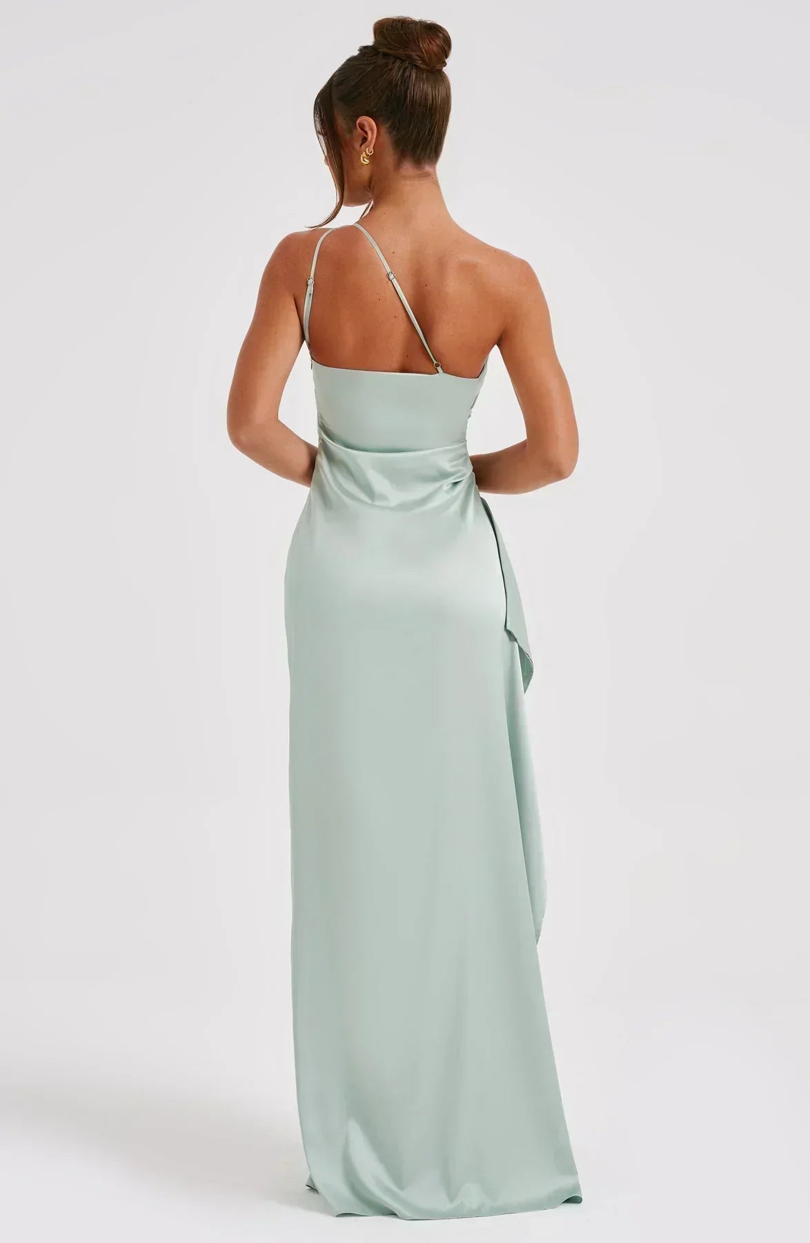 One-Shoulder Satin Maxi Dress with Ruched Waist and High Slit