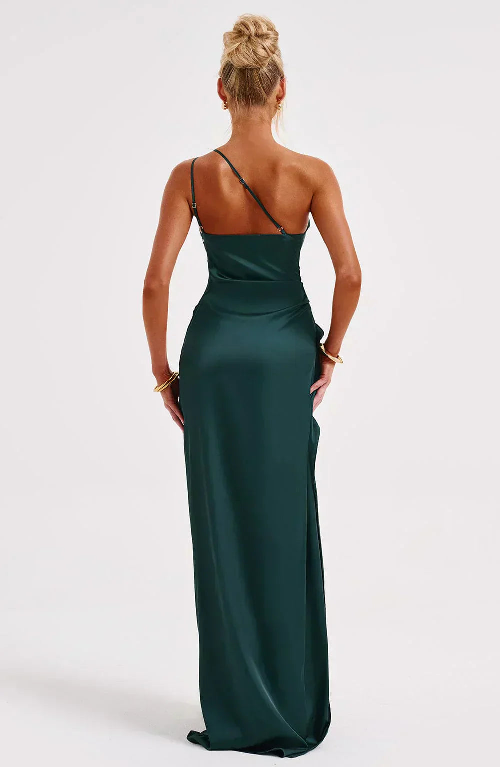 One-Shoulder Satin Maxi Dress with Ruched Waist and High Slit
