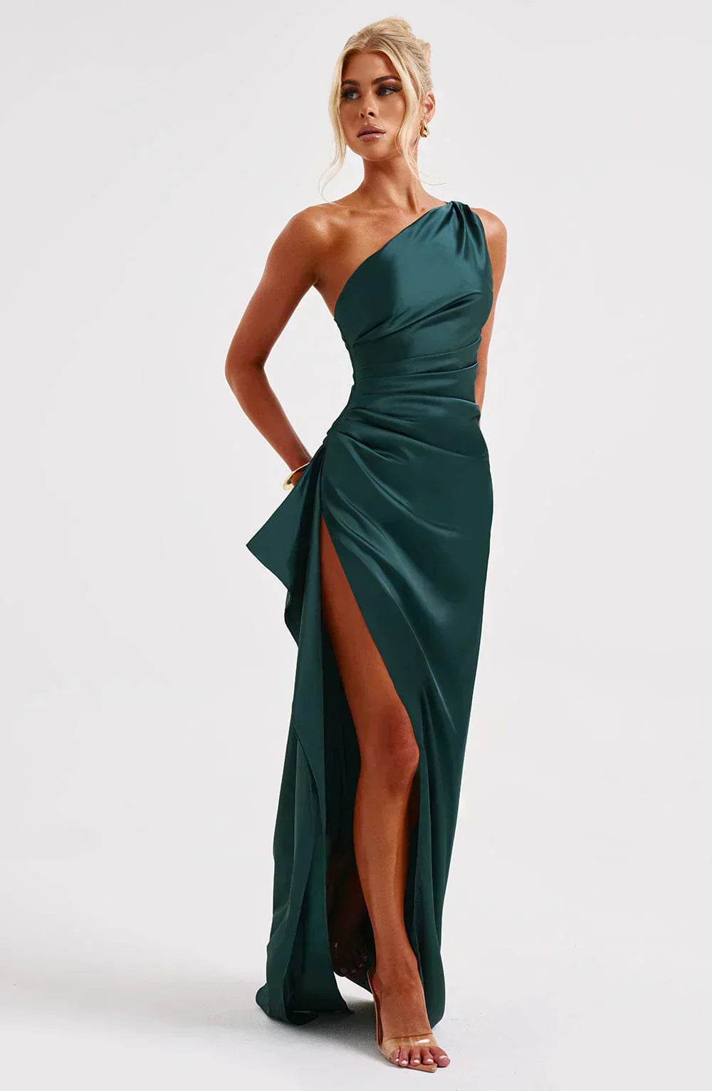 One-Shoulder Satin Maxi Dress with Ruched Waist and High Slit