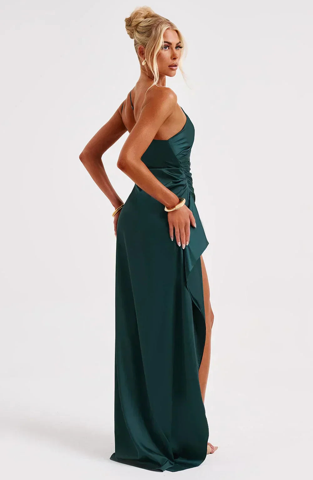 One-Shoulder Satin Maxi Dress with Ruched Waist and High Slit