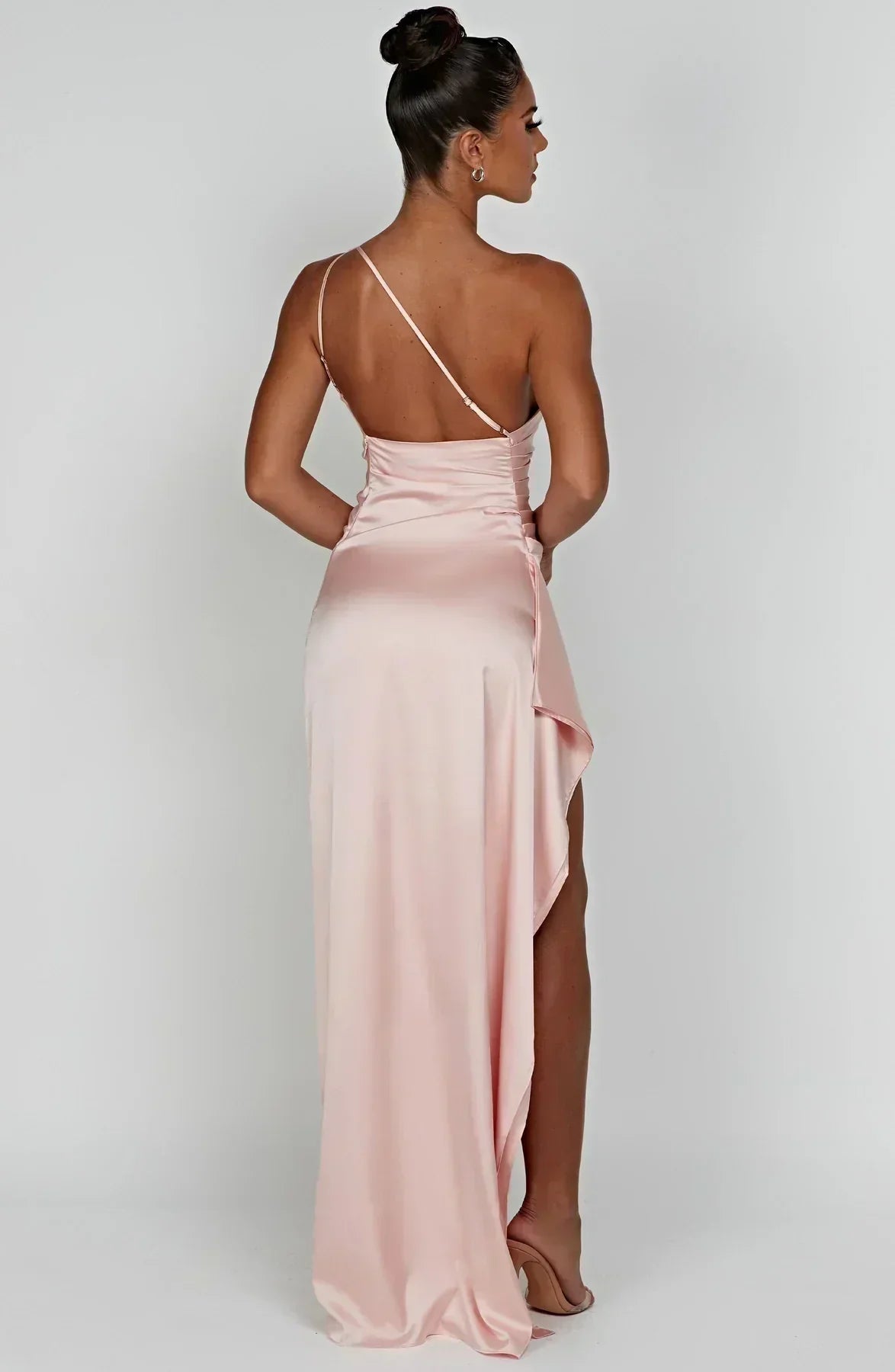 One-Shoulder Satin Maxi Dress with Ruched Waist and High Slit