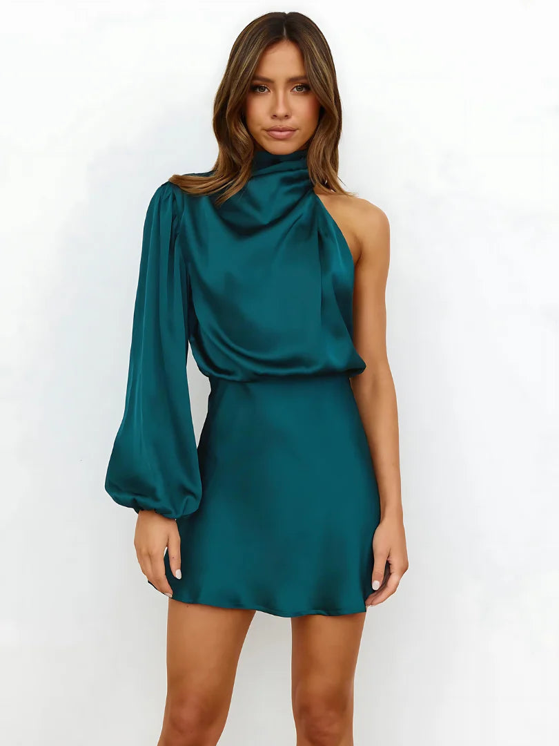 One-Shoulder Satin Mini Dress with High Neck and Long Sleeve