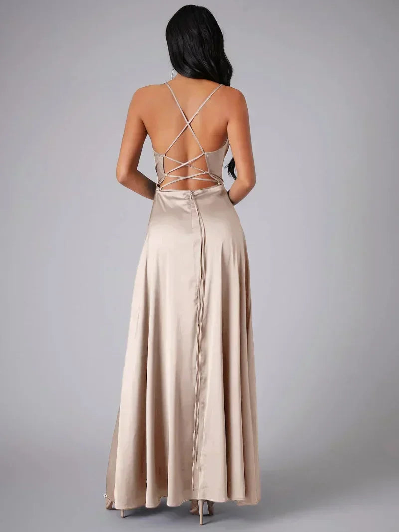 Satin Cowl Neck Maxi Dress with Adjustable Straps and Side Slit