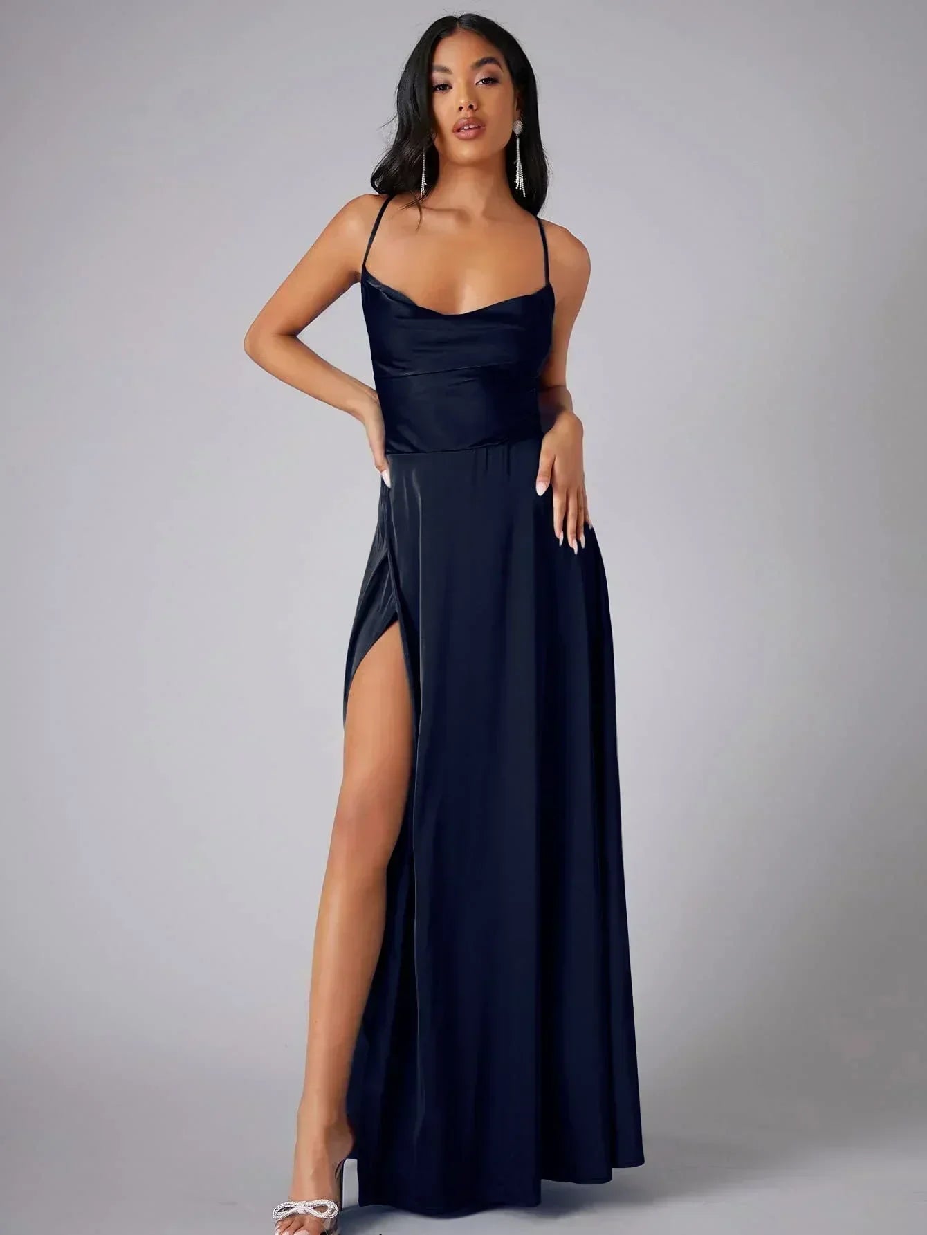 Satin Cowl Neck Maxi Dress with Adjustable Straps and Side Slit