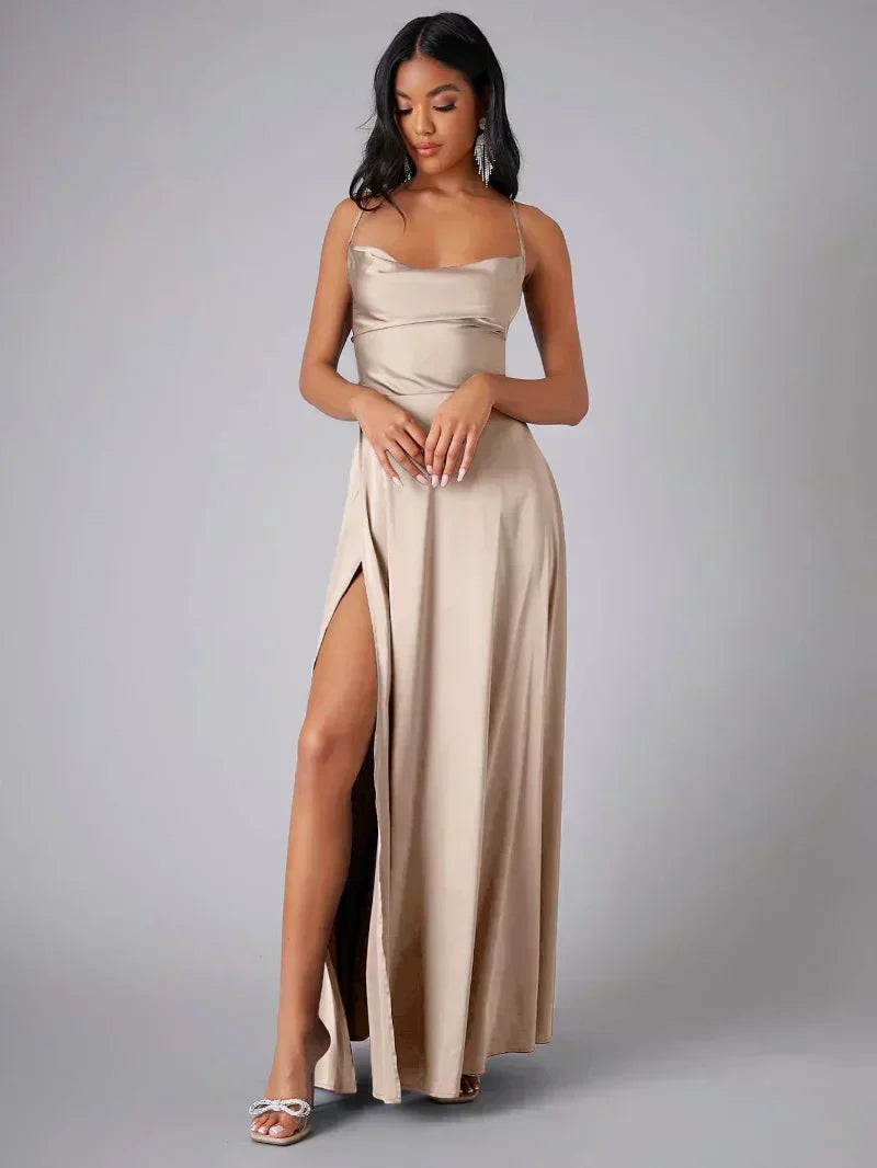 Satin Cowl Neck Maxi Dress with Adjustable Straps and Side Slit